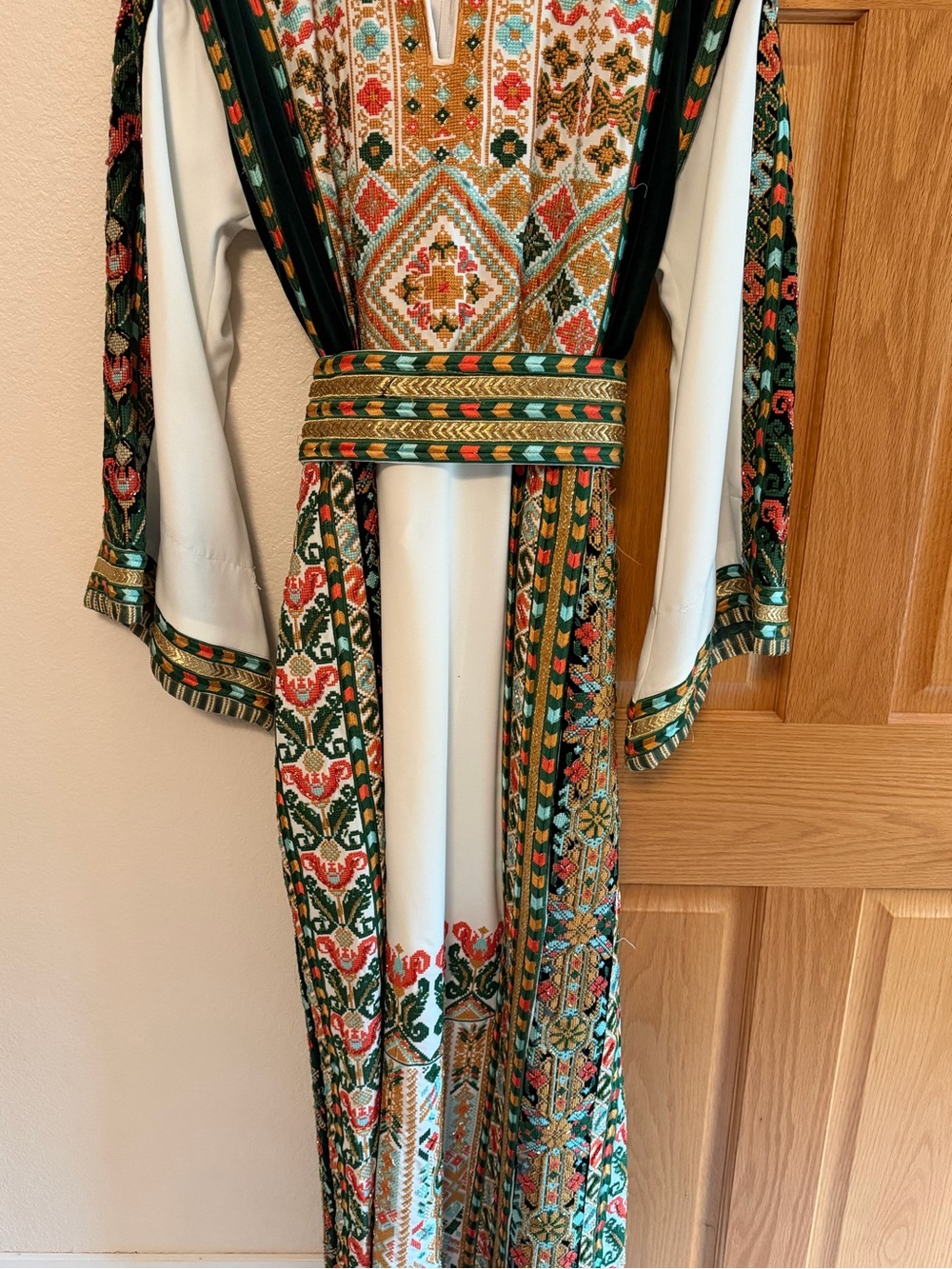 Ivory Long-Sleeve Maxi Dress with Green & Coral Embroidery